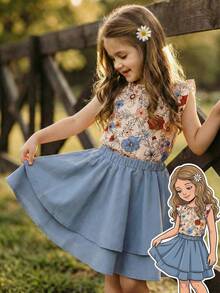 Emery Rose Kids Emery Rose Kids Conjunto de 2 peças para meninas: blusa casual floral miúda e minissaia em tecido plano. Vestidos infantis para meninas, roupas de verão estilo boho para adolescentes, vestidos casuais para meninas, vestido curto para meninas. - Azul - Ver 1