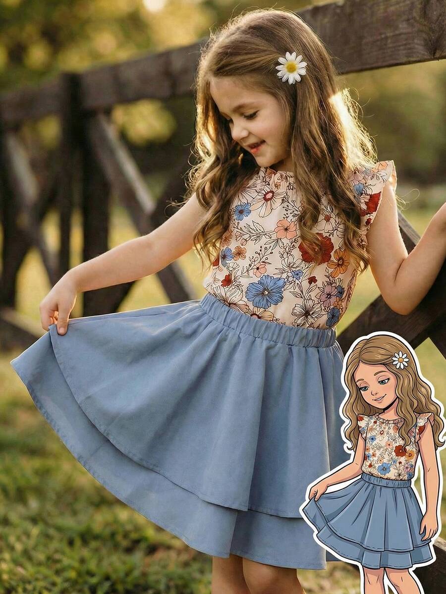 Emery Rose Kids Emery Rose Kids Conjunto de 2 peças para meninas: blusa casual floral miúda e minissaia em tecido plano. Vestidos infantis para meninas, roupas de verão estilo boho para adolescentes, vestidos casuais para meninas, vestido curto para meninas. - Azul - Ver 1