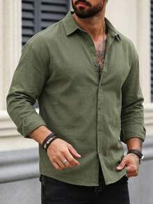 Men's Long Sleeve Button-Down Relaxed Fit Linen-Blend Shirt - Army Green - View 2