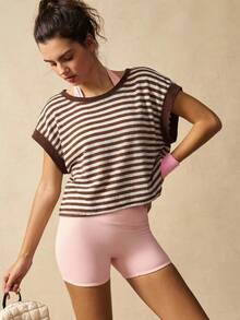 VARSIVA Tops de mujer para hacer ejercicio, camiseta y top deportivo de moda a rayas, adecuado para el verano - Café integral - Ver 2