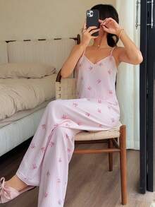 SHEIN Bộ đồ ngủ 2 mảnh dành cho nữ, gồm áo hai dây và quần dài kẻ sọc có nơ. - Hồng - Xem 5