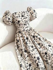 Lyxana Petal Sleeve Strapless Maxi Ditsy Floral Cinched Waist Dress - Apricot - View 4