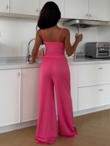 ZzzCrew Women's Satin Lace Trim Camisole And Wide Leg Pants Sleepwear Set - Hot Pink - View 3