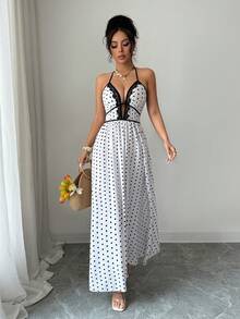 SHEIN Elenzya 女士系带领口蕾丝边波点荷叶边优雅收腰长款派对连衣裙 - 黑與白 - 查看 6