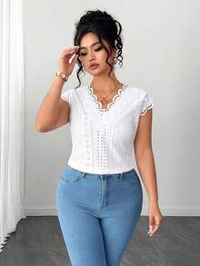 Elenzga Blusa con cuello en V, parches florales y volantes, talla grande, primavera/verano - Blanco - Ver 4
