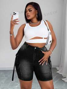 SHEIN SXY 大码女式牛仔弹力腰休闲多口袋修身牛仔短裤 - 黑色 - 查看 6