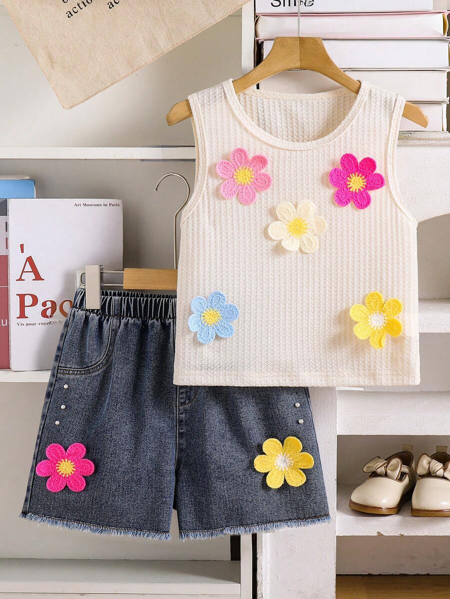 SHEIN 2pcs/Set Tween Girls Cute Summer Vacation Beige Textured Fabric Embroidered Floral Top&Denim Fringe Shorts Set,Formal Sweet Casual Daily Gathering - Blue - View 1