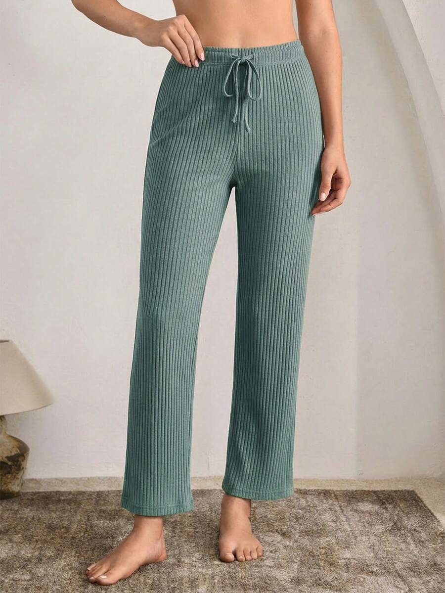 OYGA Women's Casual Mint Green Ribbed Knitted High Stretch Straight Leg Capri Sleep Bottom With Fake Drawstring - Mint Green - View 1