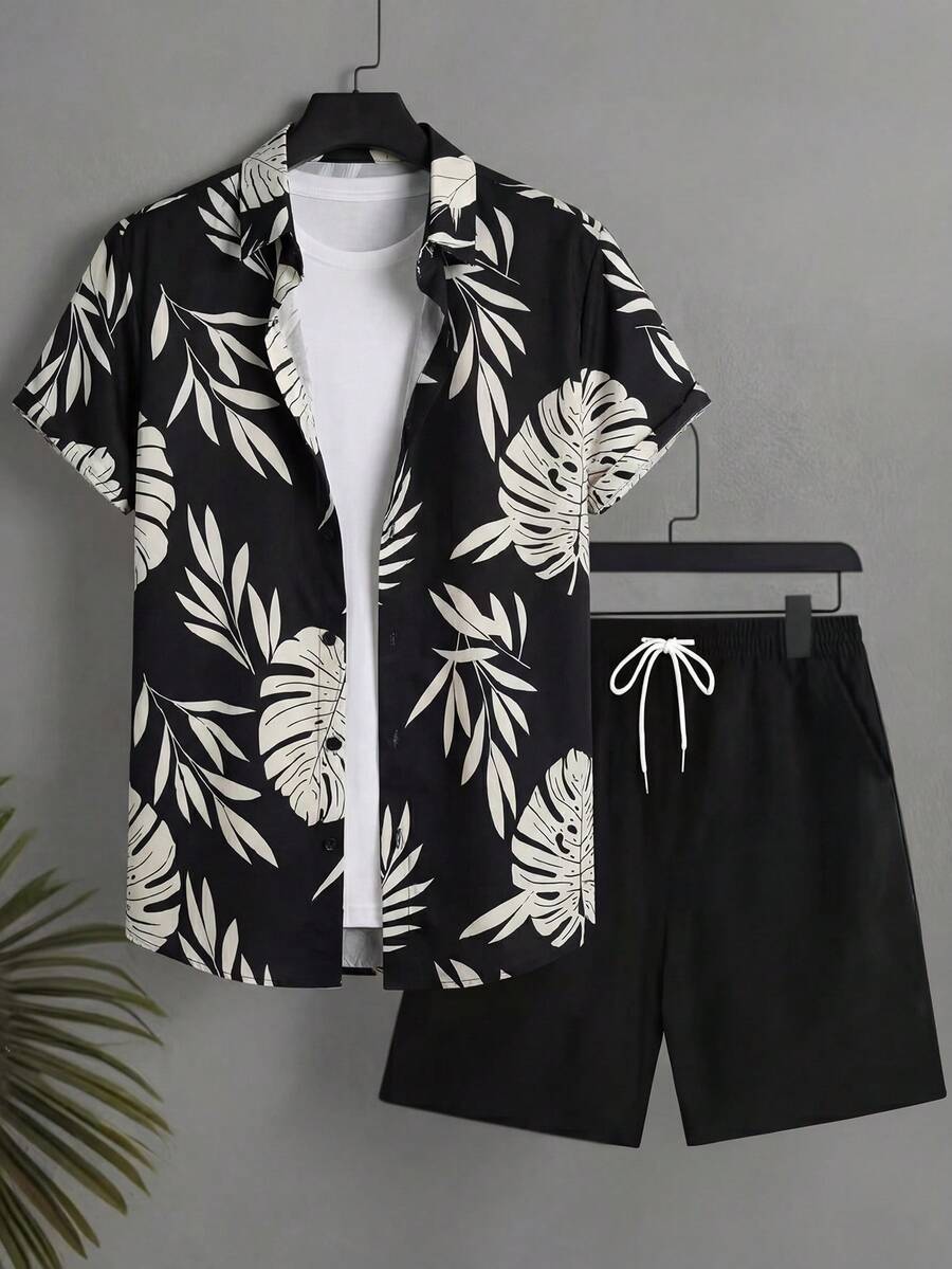 VIVINTIMO Men's Tropical Plant Print Short Sleeve Shirt And Shorts Beach Outfit Holiday / Vacation / Beach / Hawaii / Tropical / Swim /  Bathing - Multicolor - View 1