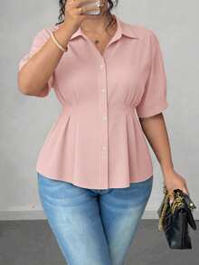 Elenzga Plus Size Women's Solid Color Fashionable Office Short Sleeve Blouse - Dusty Pink - View 4
