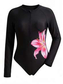 Swim SPRTY Plus Size Women One-Piece Printed Long Sleeve Front Zipper Rash Guard Swimsuit - Black - View 9