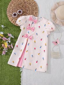 SHEIN Young Girl Woven Colorblock Round Neck Floral Puff Sleeve Dress - Multicolor - View 5