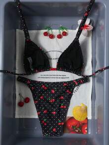 SHEIN Swim Mod Bộ bikini hai mảnh in họa tiết dành cho nữ, kiểu dáng gợi cảm, thanh lịch, thích hợp cho kỳ nghỉ ở bãi biển, hồ bơi và tiệc tùng. - màu đen - Xem 2