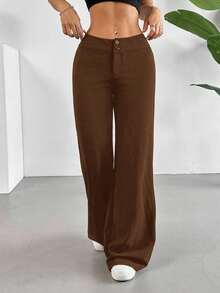 SHEIN EZwear 大码棕色休闲高腰直筒裤 - 棕色 - 查看 4