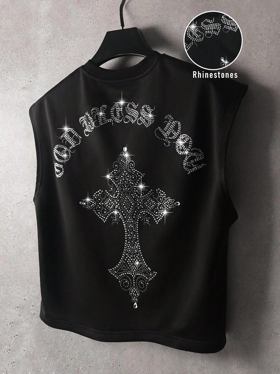 STYNVO Men's Casual Cross & Letter Rhinestone Decor Tank Top, Summer, Holiday - Black - View 1