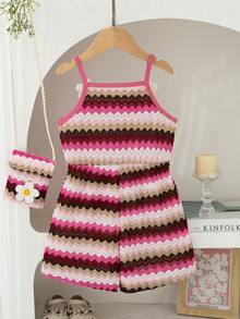 SHEIN Bộ áo liền quần không tay co giãn, họa tiết sọc lượn sóng, nhiều màu sắc, chất liệu móc len, dành cho bé gái, kèm túi đeo chéo. - Nhiều màu - Xem 3