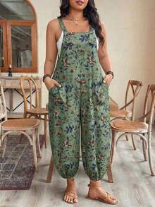 EMERY ROSE Plus Size Women's Adjustable Waist Printed Jumpsuit, Fashionable For Spring/Summer Vacation - Green - View 7