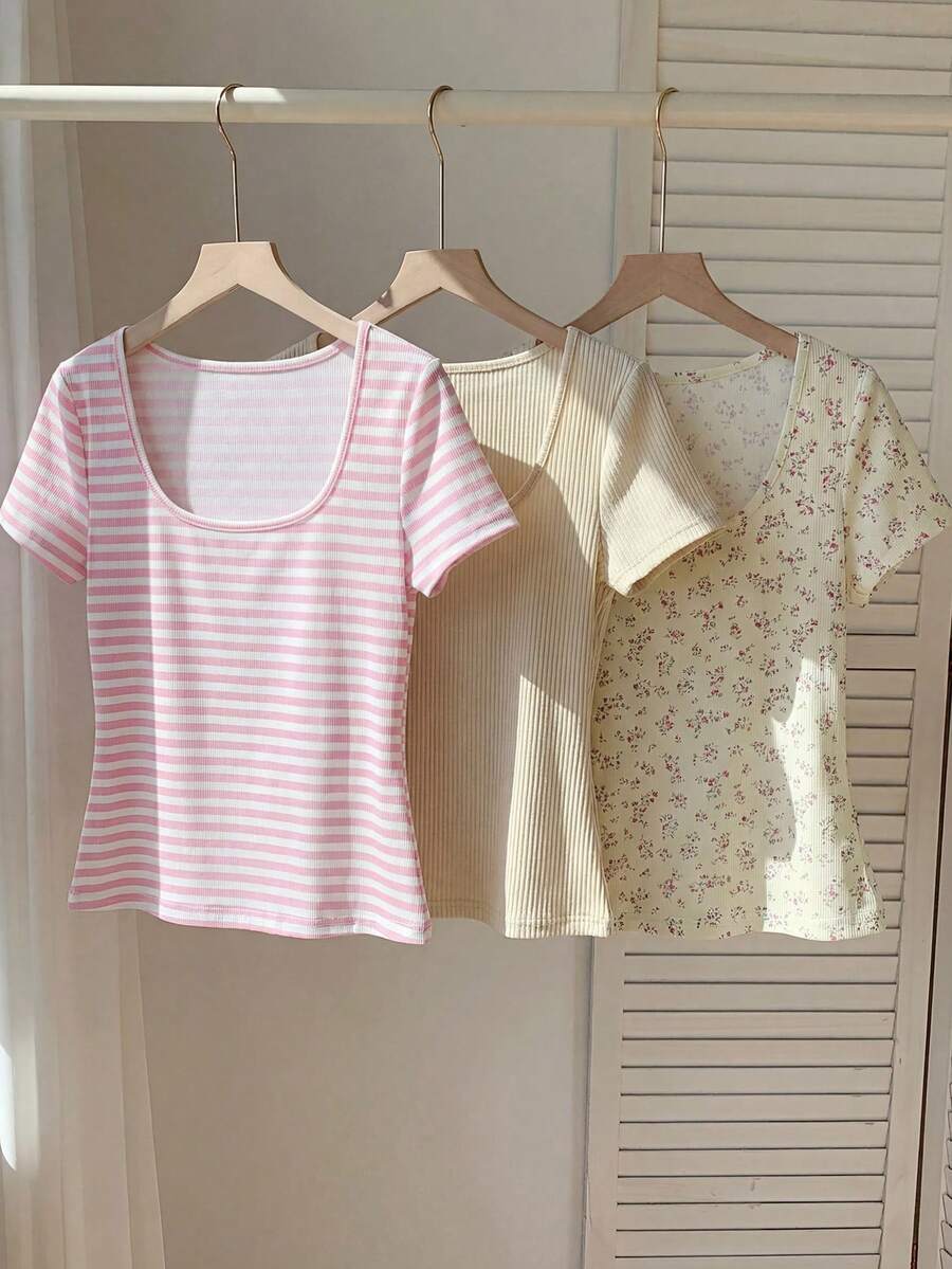 Comfortcana Women's Multicolor Floral & Striped Print T-Shirt, Summer,Summer Top - Multicolor - View 1
