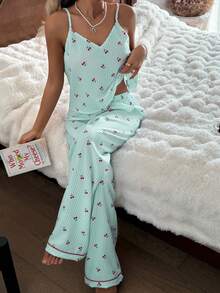 CottageSlumber Set Piyama Wanita Model Bubble Crinkle Bergaris Motif Ceri (Kamisol & Celana) - Mint Green - View 5