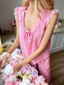 Snug Reverie Summer Lace Patchwork Pocket Pants Paired With Tie Neck Camisole Top, 2 Pieces Pajama Set - Pink - View 6