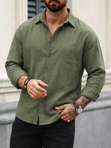 Men's Long Sleeve Button-Down Relaxed Fit Linen-Blend Shirt - Army Green - View 3