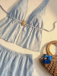 Sunnyshic Women's Sexy Halter Metal Buckle Top And Low-Waist Shorts Set, Textured Fabric, Beach/Resort Outfit - Baby Blue - View 5