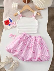 Girls Summer Birthday Outfit 1 Set Cute Princess Style 3D Bow Decor Camisole Top & A-Line Striped Skirt, White & Pink Suitable For Daily Wear, Party - Pink - View 5