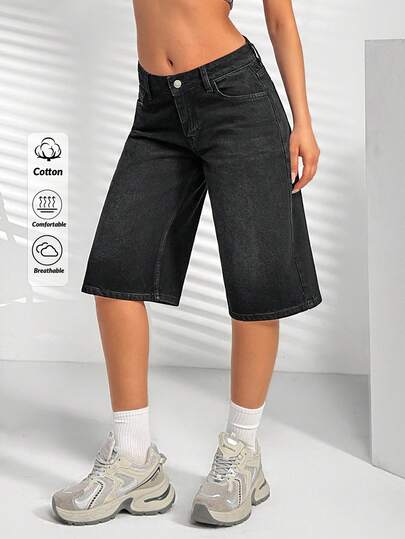 SHEIN Pantalones cortos de mezclilla de tiro bajo para mujer, pantalones cortos de mezclilla negra casual