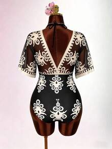 Swim Lushoire Plus Size One-Piece Swimsuit, Multicolor Positioned Floral Print, Elegant & Minimalist, Suitable For Summer Beach Vacation & Resort - Multicolor - View 7