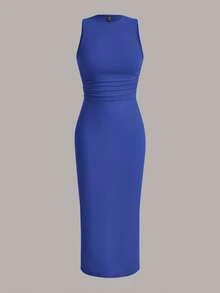 SHEIN EZwear Women's Solid Color Knit Bodycon Dress - Royal Blue - View 1