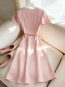 GlowEve Women's Pearl Decor Round Neck Short Sleeve Satin Mini Dress, Spring/Summer - Dusty Pink - View 2