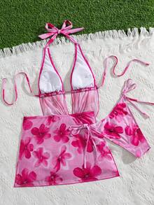 Swim Vcay 3pcs/Set Sexy Floral Draped Neck Backless Drawstring Triangle Bikini Swimsuit & Ruffle Slit Mini Skirt, Summer Vacation - Multicolor - View 3