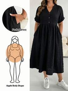 SHEIN Essnce Gaun Kasual Lengan Pendek Wanita Ukuran Besar Warna Hitam Polos, Cocok untuk Liburan Musim Semi dan Musim Panas - Hitam - View 1