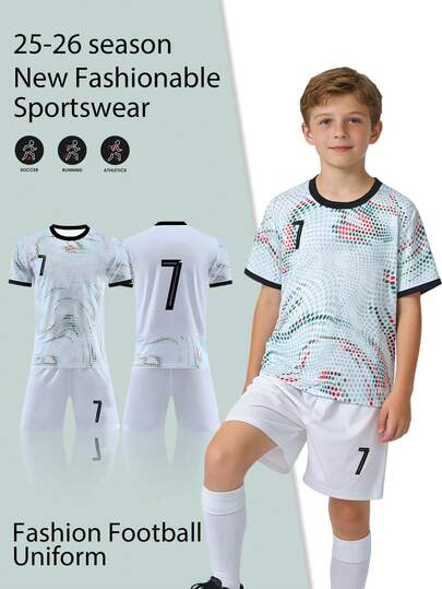 1. 儿童足球服套装，柔软舒适，返校运动队服，休闲短裤上衣套装，男童运动服
