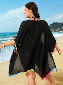 Swim Lushoire 大码女式彩色流苏和绒球装饰宽松轻薄沙滩罩衫和服 - 黑色 - 查看 2