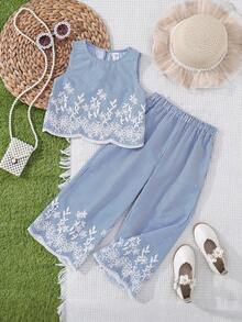 SHEIN Young Girls Striped Floral Embroidered Camisole And Pants Set - Multicolor - View 4