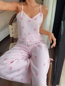 SHEIN Bộ đồ ngủ 2 mảnh dành cho nữ, gồm áo hai dây và quần dài kẻ sọc có nơ. - Hồng - Xem 6