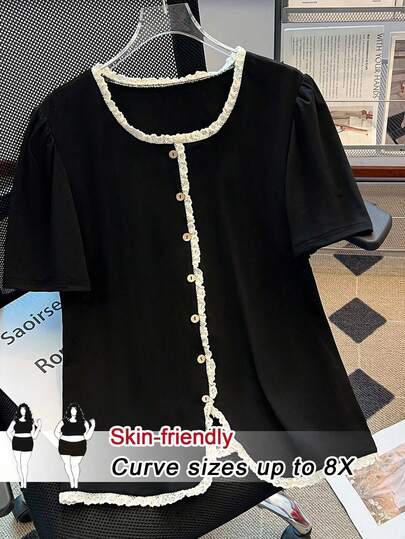 SHEIN CURVE+ Plus Size Women Elegant Contrast Color Lace Blouse T-Shirt, Summer Tops For Women Elegant Cute Black Tops Goth Top Curve Size Tops Black Top With White Trim Black Lace Trim Top