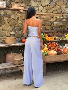 Sunnyshic 2pcs/Set Atasan dan Celana Camisole Wanita Motif Garis-garis dengan Hiasan Kancing - Royal Blue - View 2