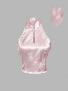 Sweetra Áo kiểu nữ mùa hè thanh lịch, thời trang, đi nghỉ mát, mặc hàng ngày, đa năng, chất liệu satin jacquard, cổ tàu, không tay, thắt eo, ngắn màu hồng. - Hồng - Xem 1