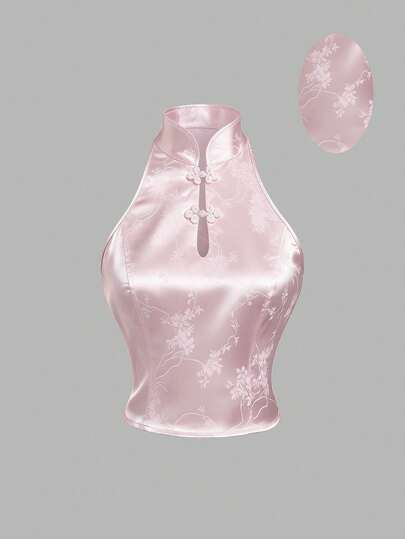 Sweetra Áo kiểu nữ mùa hè thanh lịch, thời trang, đi nghỉ mát, mặc hàng ngày, đa năng, chất liệu satin jacquard, cổ tàu, không tay, thắt eo, ngắn màu hồng.