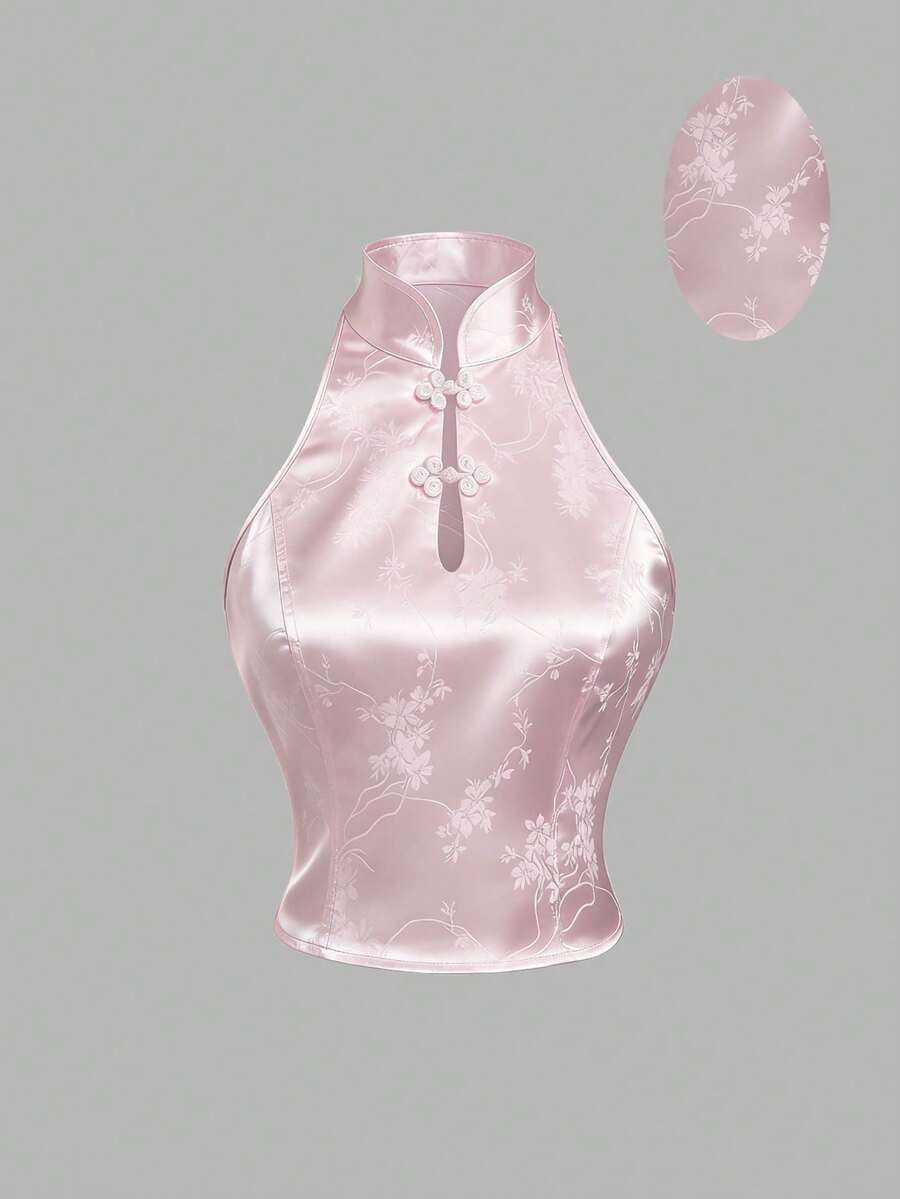 Sweetra Áo kiểu nữ mùa hè thanh lịch, thời trang, đi nghỉ mát, mặc hàng ngày, đa năng, chất liệu satin jacquard, cổ tàu, không tay, thắt eo, ngắn màu hồng. - Hồng - Xem 1