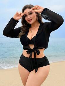 SHEIN Swim 大码女式纯色长袖宽松休闲度假开衫 - 黑色 - 查看 5