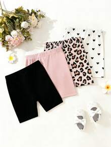 SHEIN Playful Pals 4件套女婴6个月-2-3岁休闲爱心/豹纹/纯色印花安全短裤，轻薄弹力柔软，适合日常穿着/舞蹈，春夏秋季皆宜。 - 彩色 - 查看 2