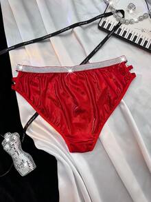 Heart Rhinestone Chain Women's Thong Panties, Shiny Silver Ribbon Thong Underwear - Red - View 8
