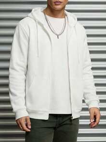 EURMUSE Cotton Men's Zipper Cardigan Style Hooded Sweatshirt With Drawstrings, Thermal Lined - White - View 1