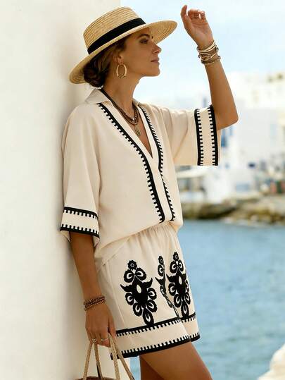 Breezaya New Summer Set, Summer Holiday Outfit, Apricot Two-Piece Set With Black Lace Trim, Stylish And Versatile Casual Women's Two-Piece Set, Women's Vacation Two-Piece Set, Women's Beach Vacation Two-Piece Set, Casual Set, Suitable For Outings, Apricot Two-Piece Set, Textured Fabric Two-Piece Set, Floral Pattern Set Beachwear Cover Up Boho Outfit For Women Beach Wear Women Cover Up Coastal Chic Outfits Boho Summeroutfit Vacation Outfits Woman Resort Wear Women Vacation Outfit Sets Women's Summer Outfit