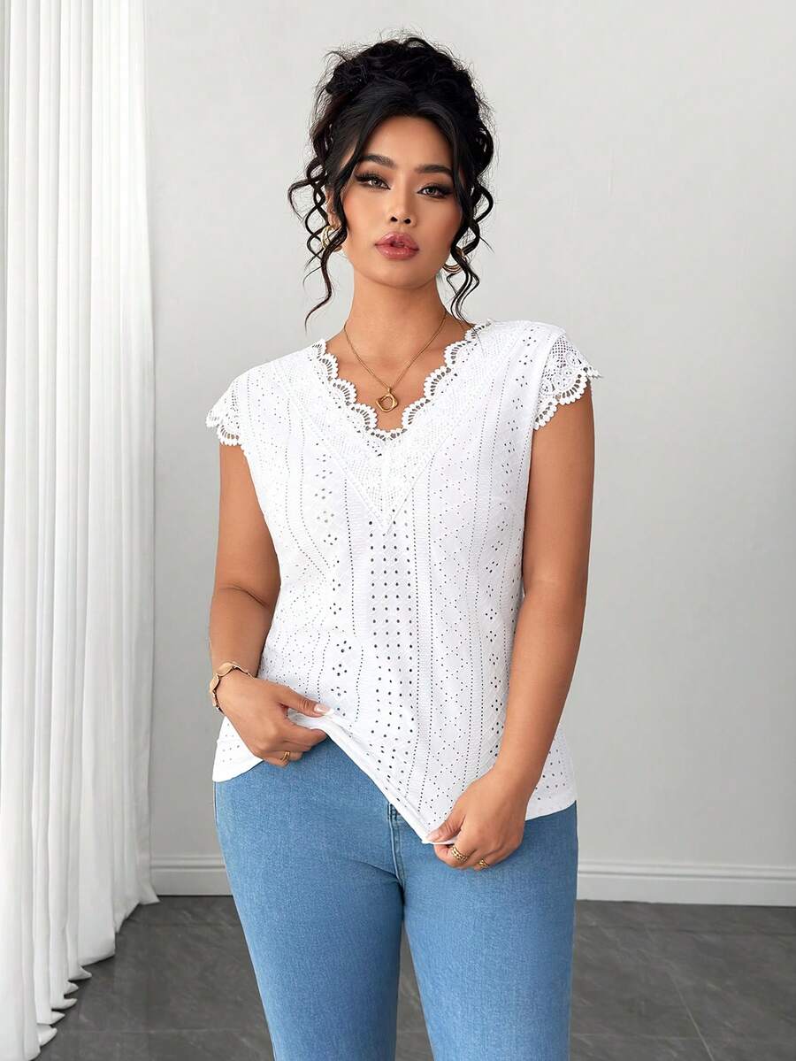 Elenzga Blusa con cuello en V, parches florales y volantes, talla grande, primavera/verano - Blanco - Ver 1