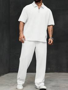 Manfinity Homme Plus Size Men's Solid Color Short Sleeve Polo Shirt And Casual Pants Set - White - View 3
