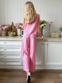 Snug Reverie Summer Lace Patchwork Pocket Pants Paired With Tie Neck Camisole Top, 2 Pieces Pajama Set - Pink - View 3